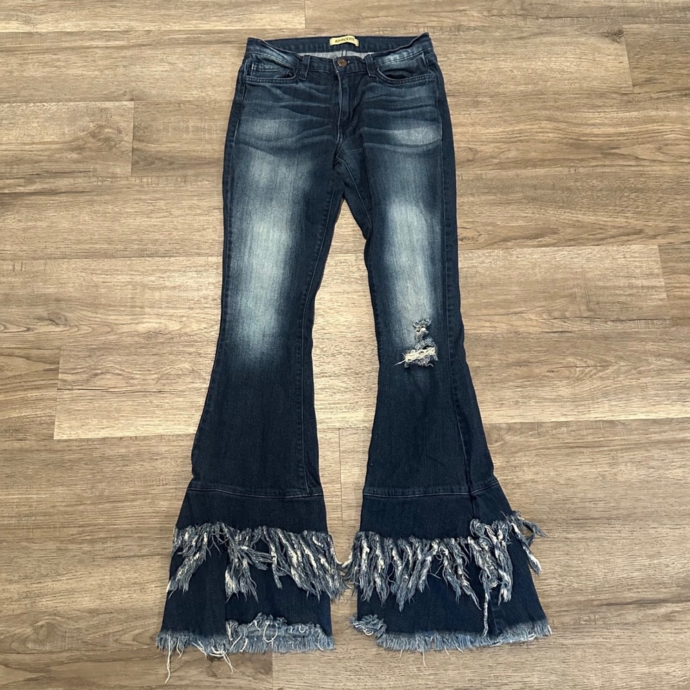 Aphrodite Women Y2K Extreme Fringe Flare Bell Bottom Jeans Distressed Denim Sz 7